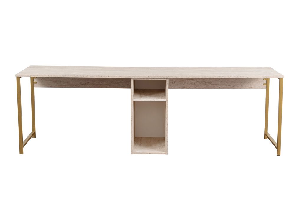 Kétszemélyes íróasztal, fa, mészkőszínű, arany fém lábakkal - LONGINET - Butopêa termék 2. képe